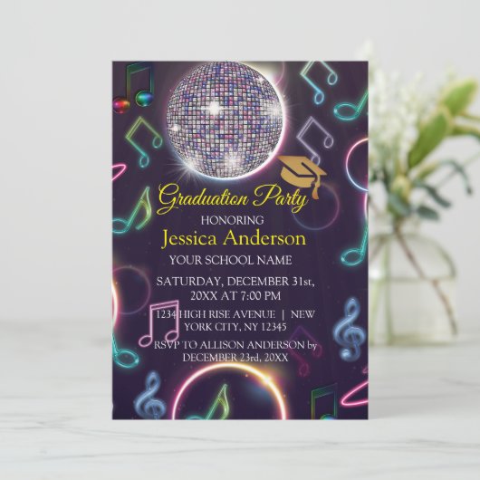 Neon Glow Disco Ball Graduation Party Einladung (Stehend Vorderseite)