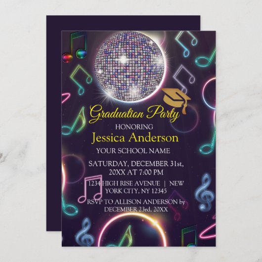 Neon Glow Disco Ball Graduation Party Einladung (Vorne/Hinten)