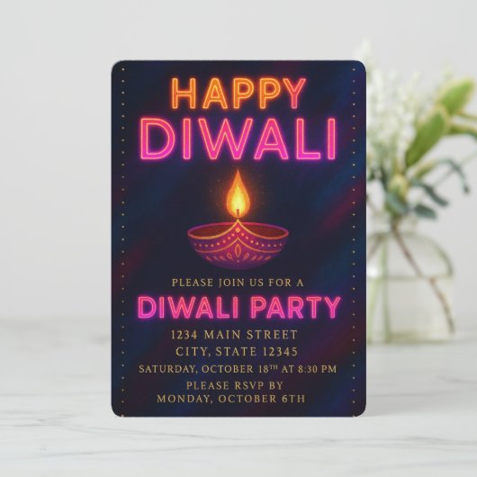 Neon Glow Diya mit Script Happy Diwali Party Einladung (Stehend Vorderseite)