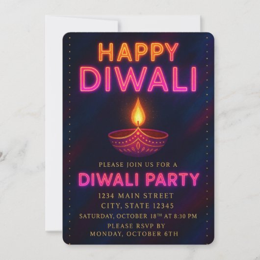 Neon Glow Diya mit Script Happy Diwali Party Einladung (Vorderseite)