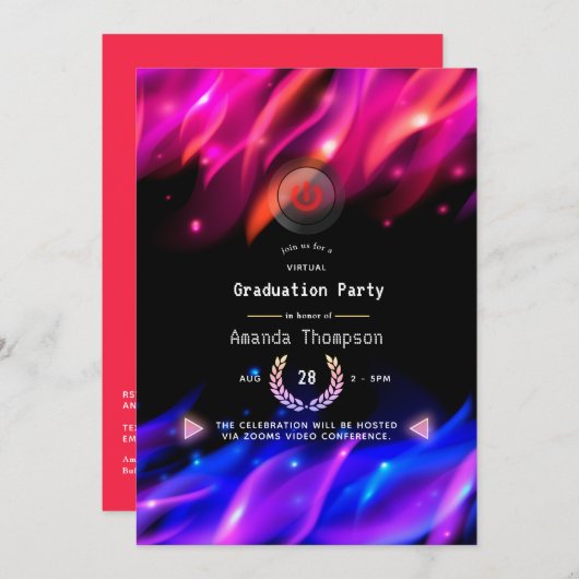 Neon Glow Flames Virtual Graduation Party Einladung (Vorne/Hinten)