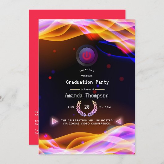 Neon Glow Flames Virtual Graduation Party Einladung (Vorne/Hinten)