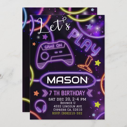 Neon Glow Gaming Einladung zum Geburtstag (Vorne/Hinten)
