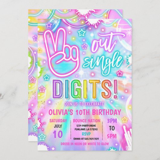 Neon Glow Gefärbte Krawatte Peace Out Single Diges Einladung (Vorne/Hinten)