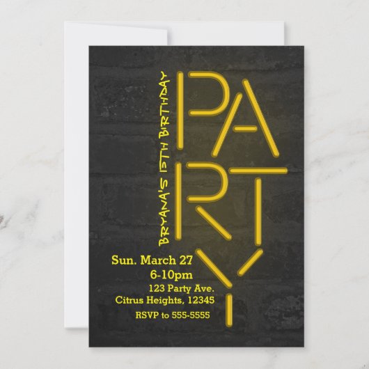 Neon Glow Gelb PARTY Brick Wall - Einladung (Vorderseite)
