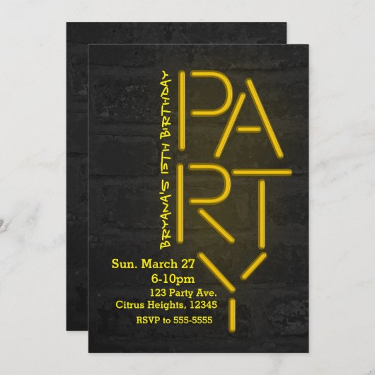 Neon Glow Gelb PARTY Brick Wall - Einladung (Vorne/Hinten)