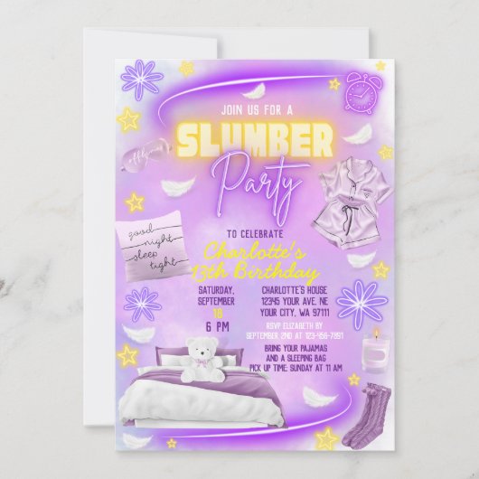 Neon Glow Girls Slumber Sleepover Pajama Party Einladung (Vorderseite)