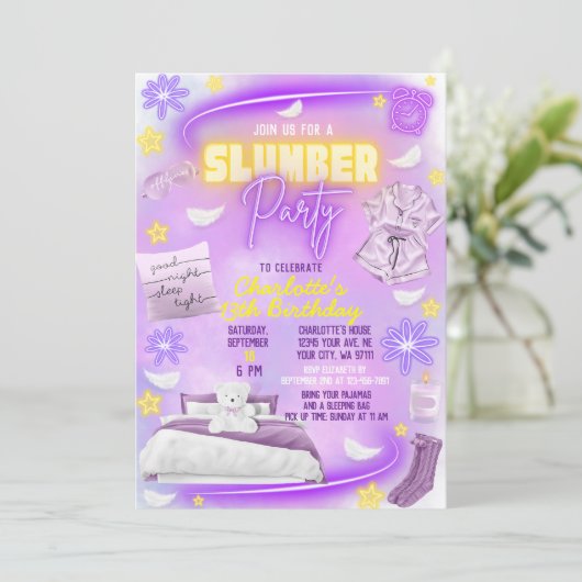 Neon Glow Girls Slumber Sleepover Pajama Party Einladung (Stehend Vorderseite)