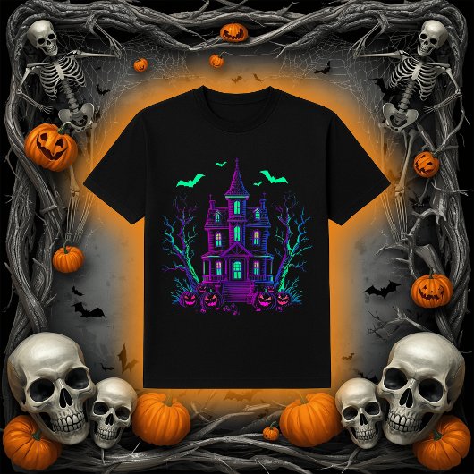 Neon Glow Haunted House Bats and Pumpkins T-Shirt