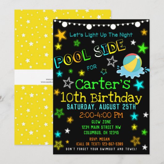 Neon Glow in Dark Pool Party Einladung (Vorne/Hinten)