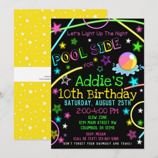 Neon Glow in Dark Pool Party Einladung (Vorne/Hinten)