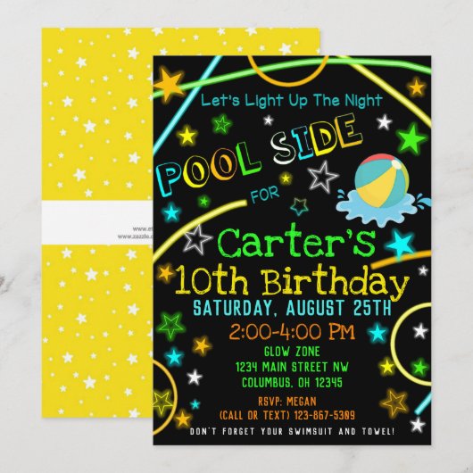 Neon Glow in Dark Pool Party Einladung (Vorne/Hinten)