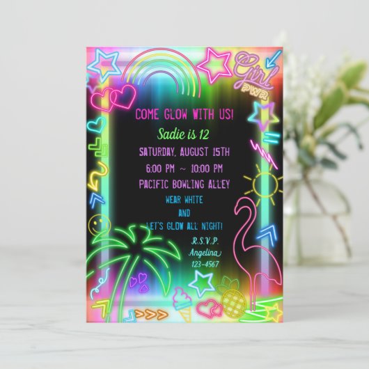 Neon Glow in Dark, Rainbow Cheetah Print Einladung (Stehend Vorderseite)