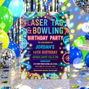 Neon Glow Laser Tag und Bowling Birthday Party Einladung