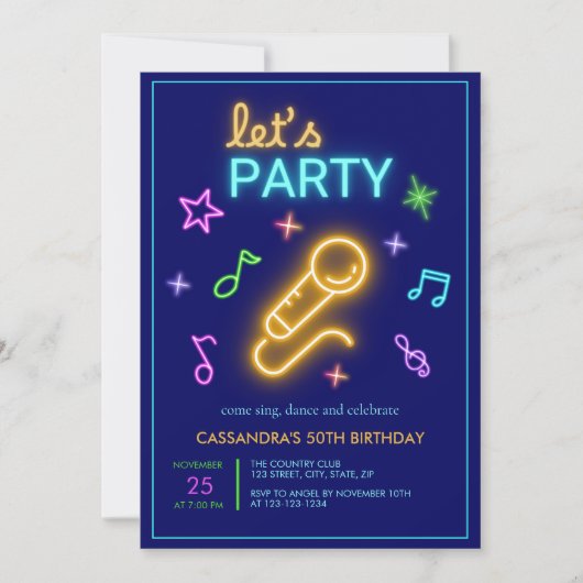Neon Glow Let's Party Karaoke Birthday Einladung (Vorderseite)