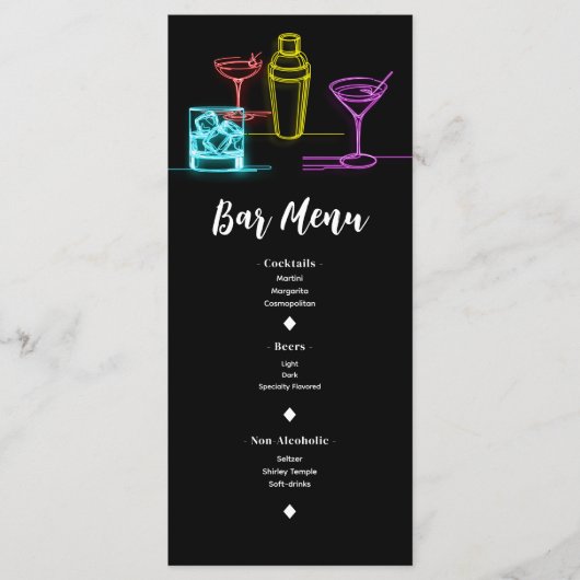 Neon Glow Lights Cocktails Open Bar Wedding Menu Menükarte (Vorderseite)