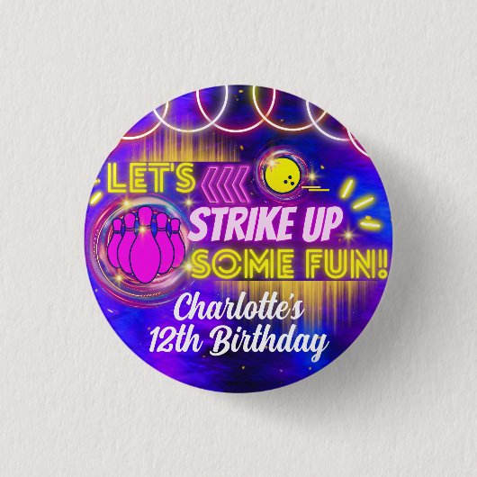 Neon Glow Lila Girl's Bowling Birthday Party Button (Vorderseite)