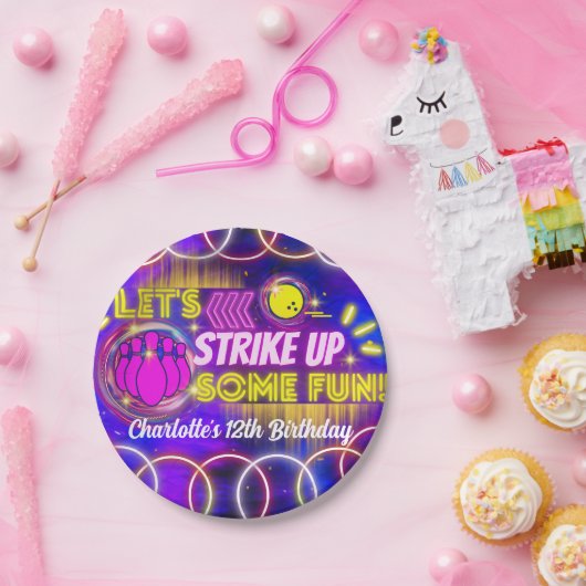 Neon Glow Lila Girl's Bowling Birthday Party Pappteller (Party)