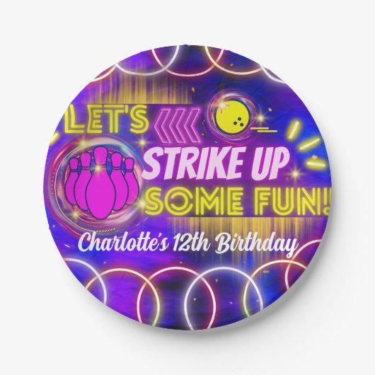 Neon Glow Lila Girl's Bowling Birthday Party Pappteller (Vorderseite)