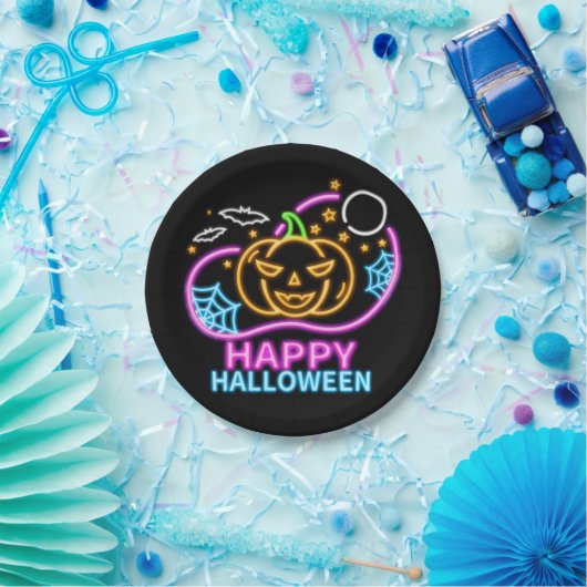 Neon Glow Look Halloween Pumpkin Bats Web Moon 7" Pappteller (Party)