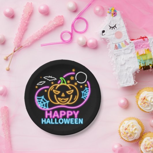 Neon Glow Look Halloween Pumpkin Bats Web Moon 7" Pappteller (Party)