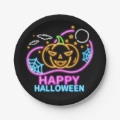 Neon Glow Look Halloween Pumpkin Bats Web Moon 7" Pappteller (Vorderseite)