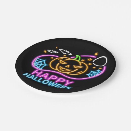 Neon Glow Look Halloween Pumpkin Bats Web Moon 7" Pappteller (Schrägansicht)