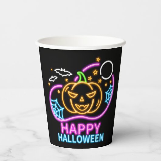 Neon Glow Look Halloween Pumpkin Bats Web Moon Pappbecher (Rückseite)