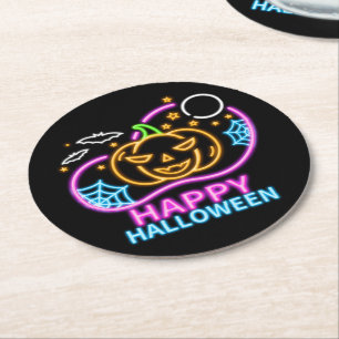 Neon Glow Look Halloween Pumpkin Bats Web Moon Runder Pappuntersetzer