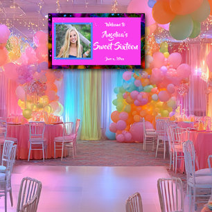 Neon-Glow-Look Sweet Sixteen Farbige Banner
