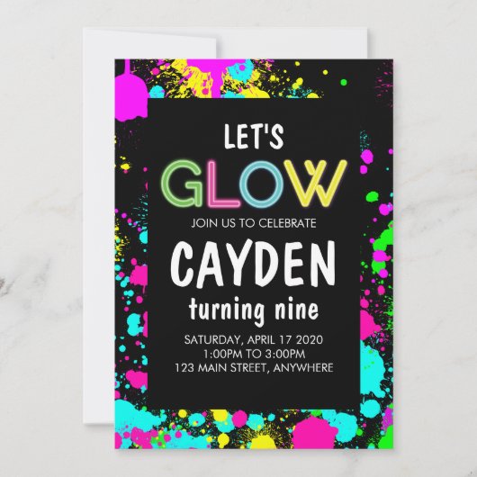 Neon Glow Paint Spritzer Geburtstag Einladung (Vorderseite)