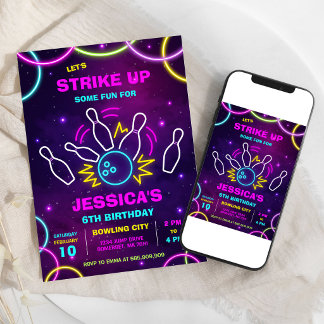 Neon-Glow-Party-Bowling-Geburtstagseinladung Einladung
