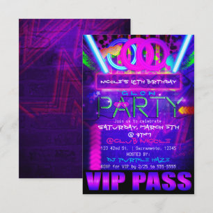 Neon Glow PARTY Geburtstags VIP PASS Club Einladun Einladung