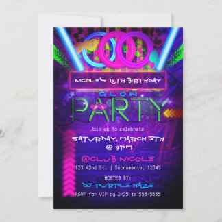Neon Glow PARTY Geburtstagsklub Einladungen