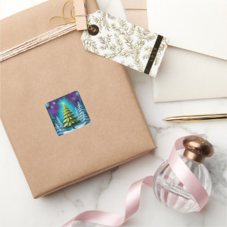 Neon Glow Pine Tree mit Stern im Dreamy Snowy Fore Quadratischer Aufkleber