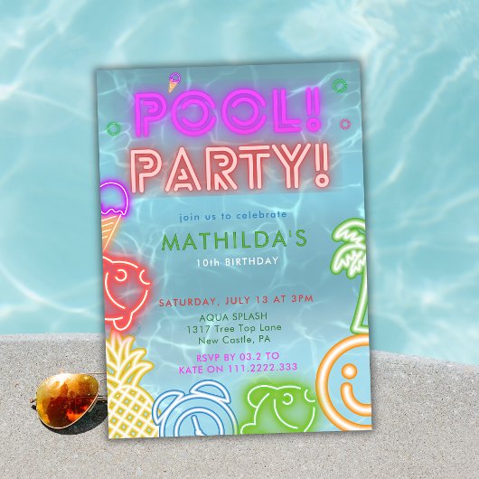 Neon Glow Pool Party Any Age Birthday  Einladung