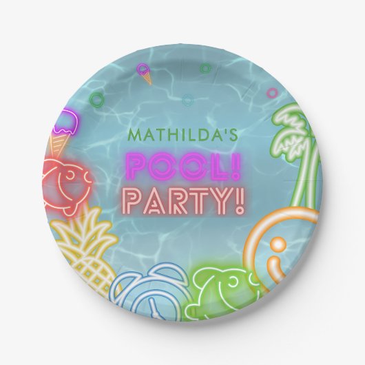Neon Glow Pool Party Any Age Birthday  Pappteller (Vorderseite)