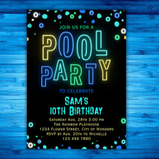 Neon Glow Pool Party Boys Summer Birthday Party Einladung