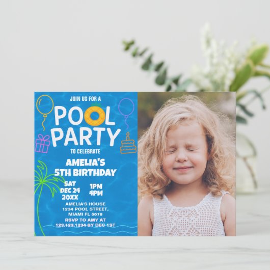 Neon Glow Pool Party Geburtstag Einladung (Stehend Vorderseite)