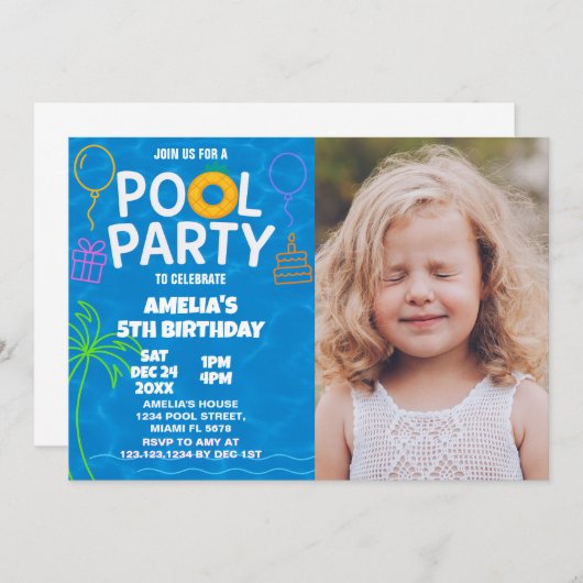 Neon Glow Pool Party Geburtstag Einladung (Vorne/Hinten)