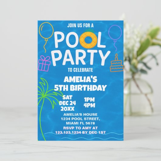 Neon Glow Pool Party Geburtstag Einladung (Stehend Vorderseite)