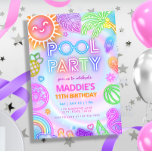 Neon Glow Pool Party Geburtstag Einladung<br><div class="desc">Tauchen Sie ein in das ultimative Party-Erlebnis mit unserem Pool-Party Geburtstagseinladung! Dieses Design vereint die Begeisterung eines Party mit einer Neonreihe von sommerlichen Grafiken, darunter eine glühende Sonne, Palmen, Schwimmbecken, Flamingo, Eis und vieles mehr. Umgeben von Herz- und Sternakzenten, strahlt diese Einladung mit lebendiger Energie und Spaß aus. Machen Sie...</div>