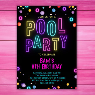 Neon Glow Pool Party Girls Rosa Lila Geburtstag Einladung