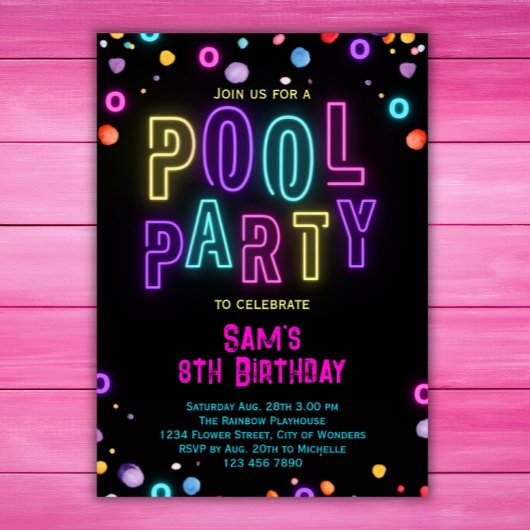 Neon Glow Pool Party Girls Rosa Lila Geburtstag Einladung