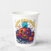 Neon Glow Pumpkin "Happy Halloween" Pappbecher (Vorderseite)