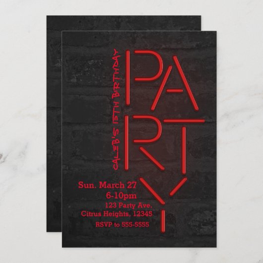 Neon Glow Red PARTY Brick Wall - Einladung (Vorne/Hinten)