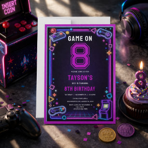 Neon Glow Retro Arcade Gaming 8. Geburtstag Einladung