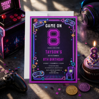 Neon Glow Retro Arcade Gaming 8. Geburtstag Einladung