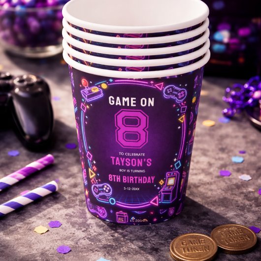 Neon Glow Retro Arcade Gaming 8. Geburtstag Pappbecher