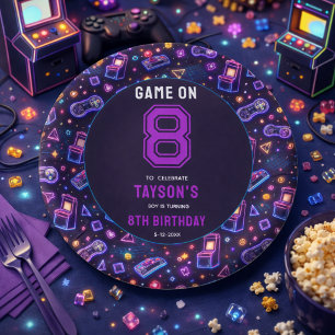 Neon Glow Retro Arcade Gaming 8. Geburtstag Pappteller